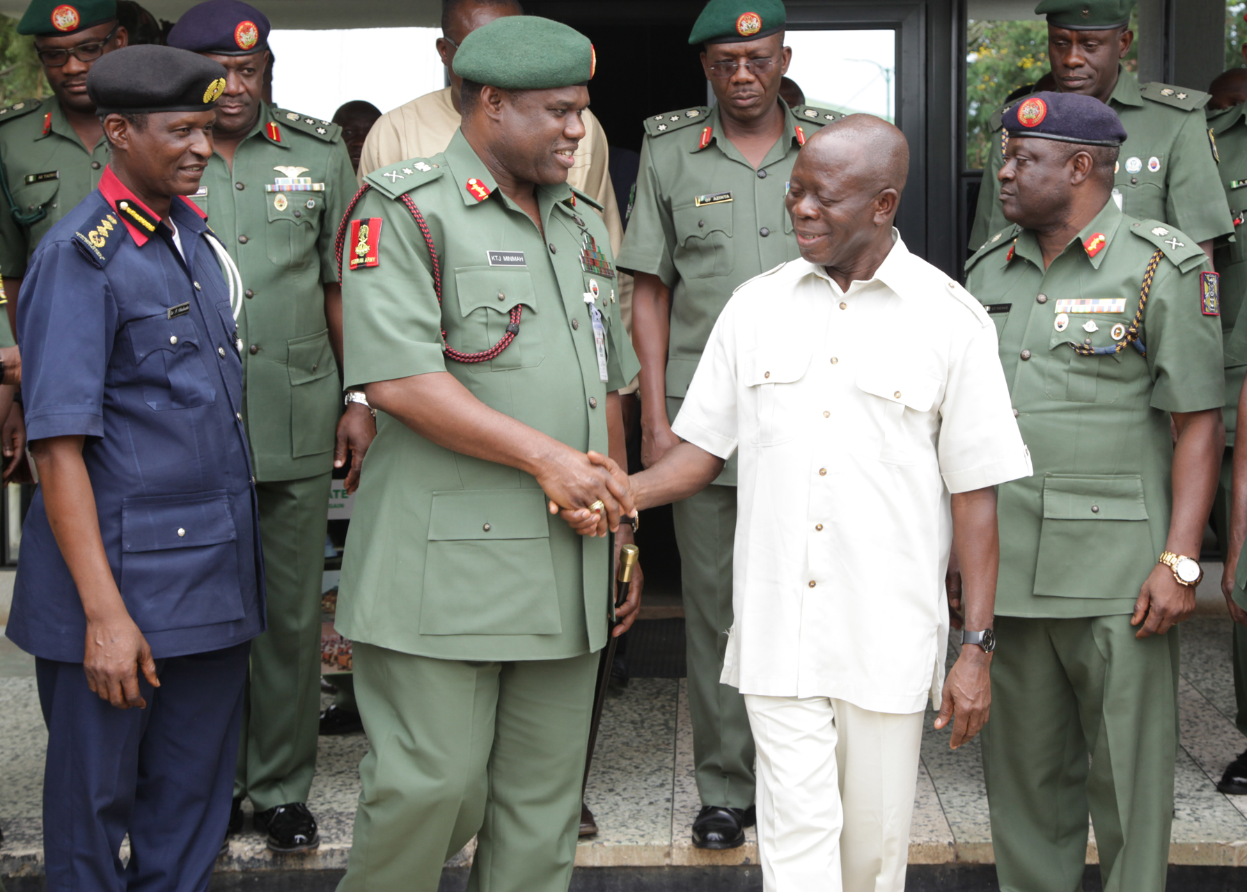 From left: Commanadant-General, Nigerian Security and Civil Defence Corps, Dr Ade Abolurin, Chief of Srmy Staff, Lt-General Kenneth Minimah, Governor Adams Oshiomhole of Edo State and Commandant, Nigerian Army School of Supply and Transport, Maj-General E.T Nienge during a courtesy visit of the Army Chief to the Governor in his office, last Friday.