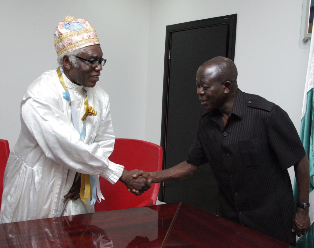 His Eminence (Dr) D.L Bob-Manuel, Deputy Baba Aladura, Eternal Sacred Order of the Cherubim and Seraphim Church and Governor Adams Oshiomhole during a visit of top hierarchy of the Church to the Governor in Benin City, yesterday, (Monday).