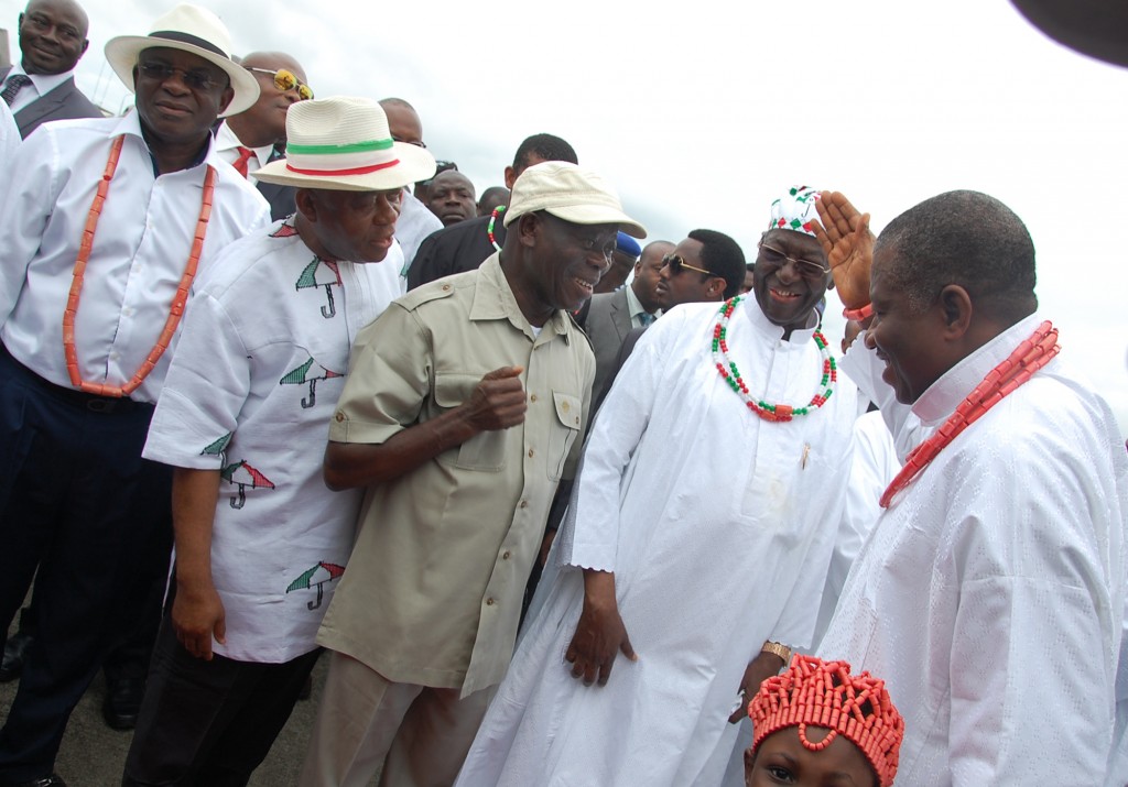 From right: President Goodluck Jonathan, Chief Tony Anenih, APC Presidential aspirant and Governor of Edo State, Comrade Adams Oshiomhole; Governor Theodore Orji of Abia State and Senate President, Chief David Mark on arrival of the President at the Benin Airport for a party rally, yesterday.From right: President Goodluck Jonathan, Chief Tony Anenih, APC Presidential aspirant and Governor of Edo State, Comrade Adams Oshiomhole; Governor Theodore Orji of Abia State and Senate President, Chief David Mark on arrival of the President at the Benin Airport for a party rally, yesterday.