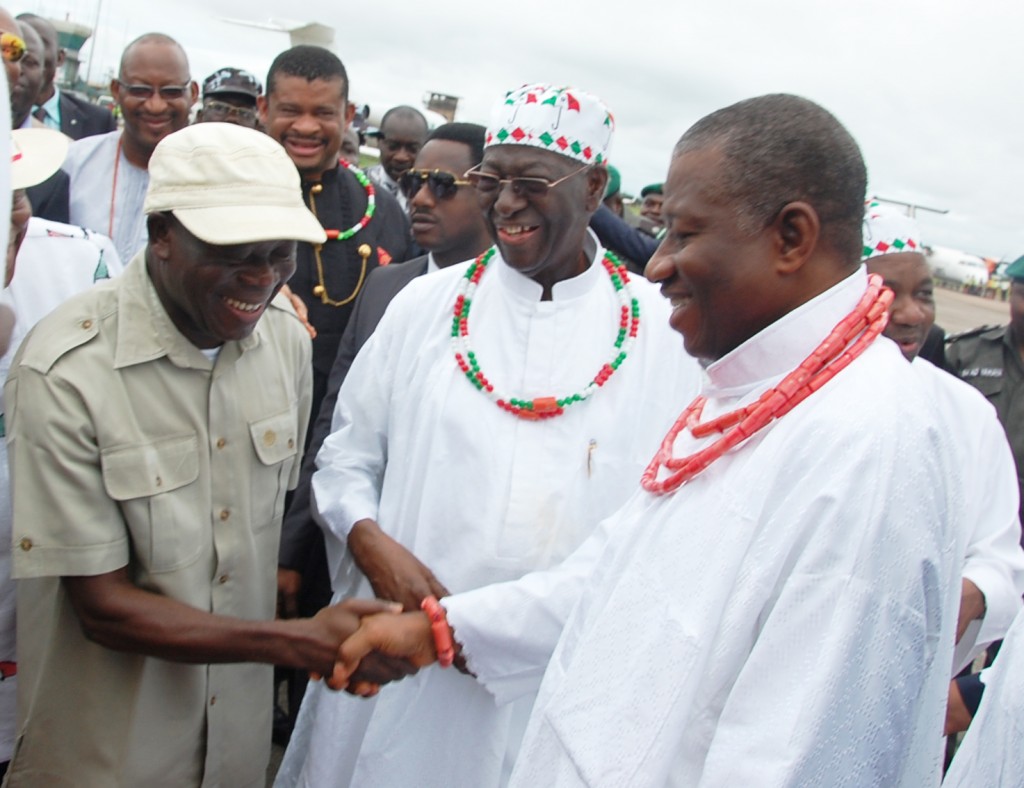 APC Presidential aspirant and Governor of Edo State, Comrade Adams Oshiomhole (left) receives President Goodluck Jonathan at the Benin Airport, with them is Chief Tony Anenih (middle) on arrival of the President  at the Benin Airport for a party rally, yesterday.