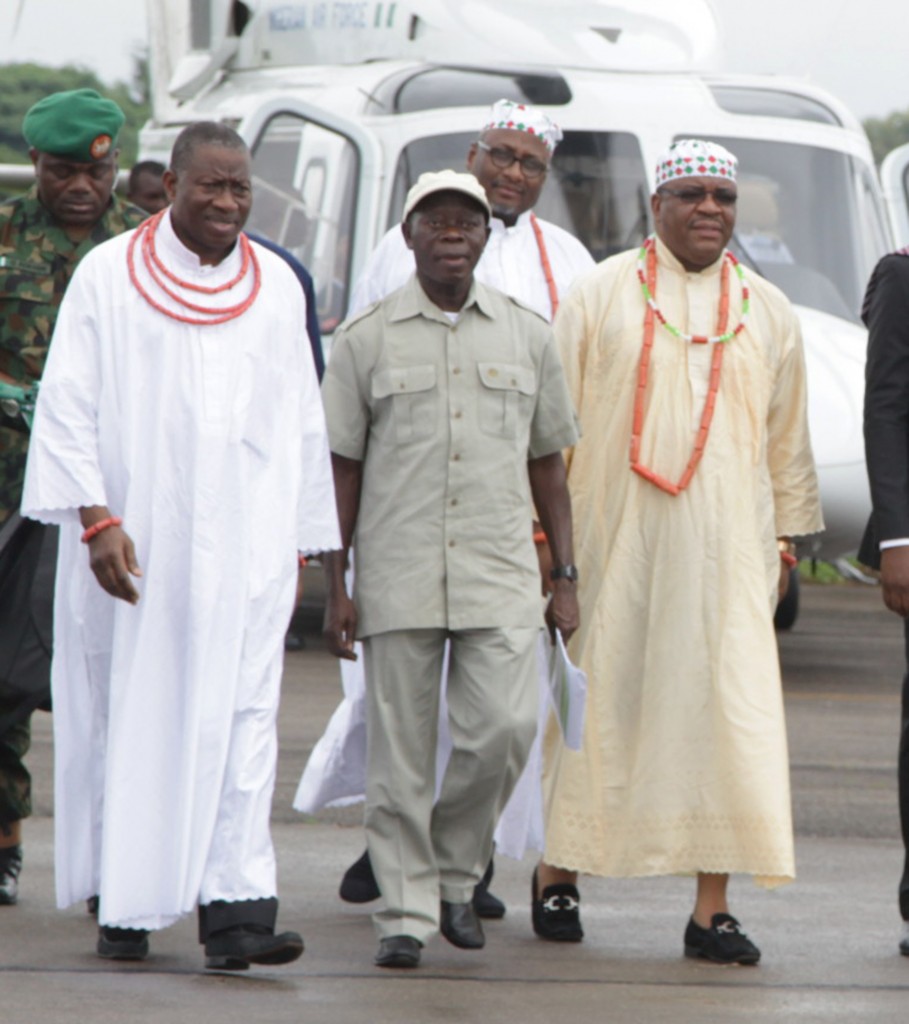 From left: President Goodluck Jonathan, APC Presidential aspirant and Governor of Edo State, Comrade Adams Oshiomhole and Chief Mike Onolemenmen, Minister of Works on arrival of the President  at the Benin Airport for a party rally, yesterday.