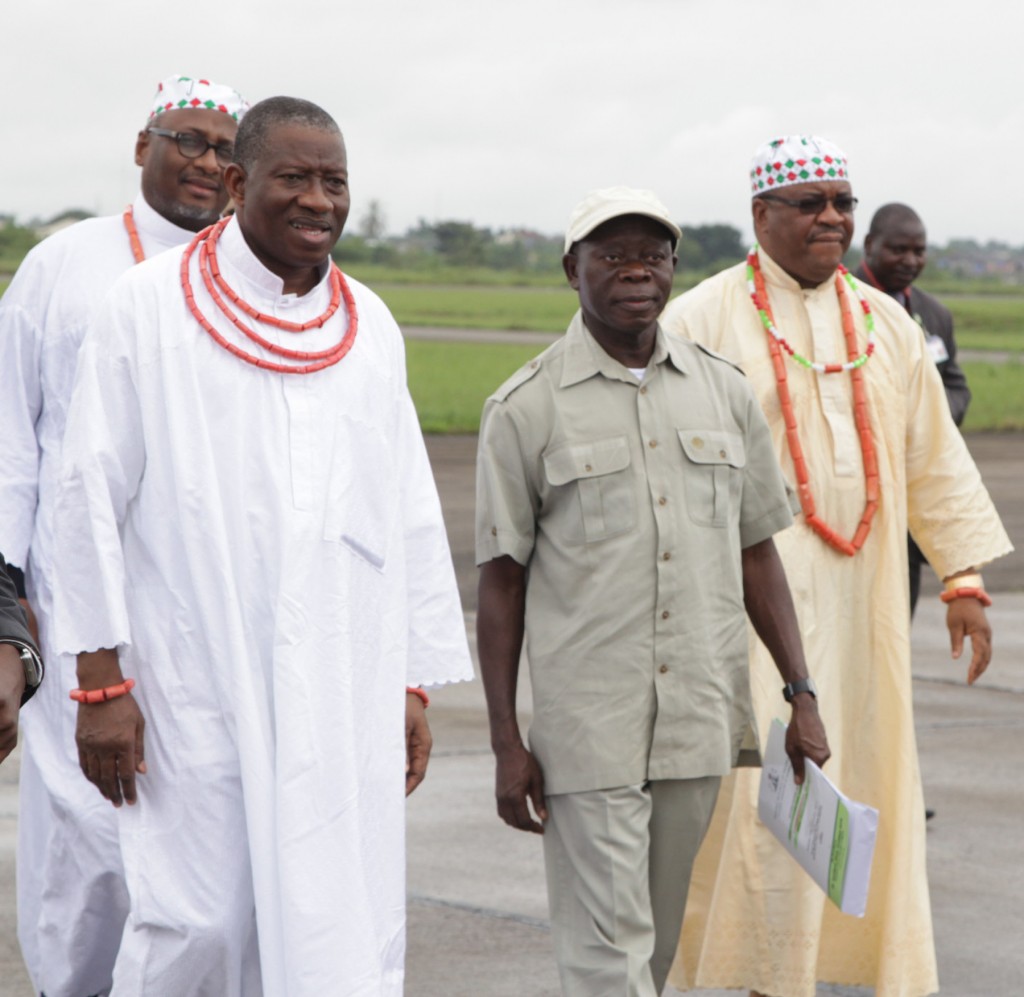 From left: President Goodluck Jonathan, APC Presidential aspirant and Governor of Edo State, Comrade Adams Oshiomhole and Chief Mike Onolemenmen, Minister of Works on arrival of the President  at the Benin Airport for a party rally, yesterday.