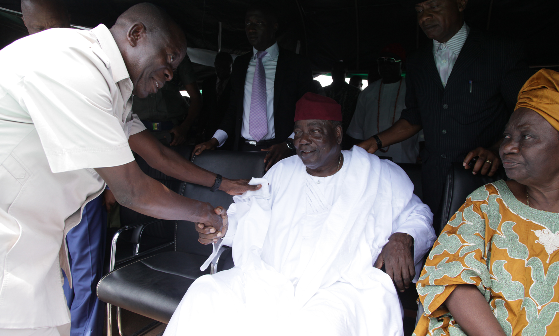 Governor Adams Oshiomhole of Edo State, Dr Samuel Ogbemudia, two-time Governor of defunct Mid-West and Bendel States and Pastor (Mrs) Clara Ogbemudia, wife of Dr Samuel Ogbemudia at the unveiling of a statue in honour of Dr. Samuel Ogbemudia at the state-owned stadium in Benin City on Wednesday.Governor Adams Oshiomhole of Edo State, Dr Samuel Ogbemudia, two-time Governor of defunct Mid-West and Bendel States and Pastor (Mrs) Clara Ogbemudia, wife of Dr Samuel Ogbemudia at the unveiling of a statue in honour of Dr. Samuel Ogbemudia at the state-owned stadium in Benin City on Wednesday.
