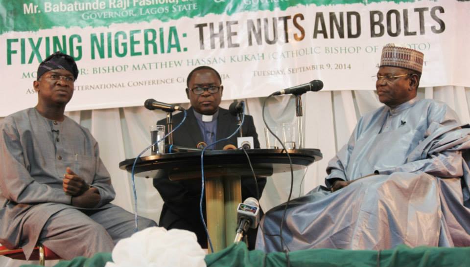 Lagos State Governor, Mr. Babatunde Fashola, SAN (left), his Jigawa State counterpart, Alhaji (Dr) Sule Lamido (right) and the Moderator, Bishop Matthew Hassan Kukah (middle) during a Political Debate titled, “Fixing Nigeria: The Nuts and Bolts”, organized by the Kukah Centre at the International Conference Centre, AbujaLagos State Governor, Mr. Babatunde Fashola, SAN (left), his Jigawa State counterpart, Alhaji (Dr) Sule Lamido (right) and the Moderator, Bishop Matthew Hassan Kukah (middle) during a Political Debate titled, “Fixing Nigeria: The Nuts and Bolts”, organized by the Kukah Centre at the International Conference Centre, AbujaLagos State Governor, Mr. Babatunde Fashola, SAN (left), his Jigawa State counterpart, Alhaji (Dr) Sule Lamido (right) and the Moderator, Bishop Matthew Hassan Kukah (middle) during a Political Debate titled, “Fixing Nigeria: The Nuts and Bolts”, organized by the Kukah Centre at the International Conference Centre, Abuja