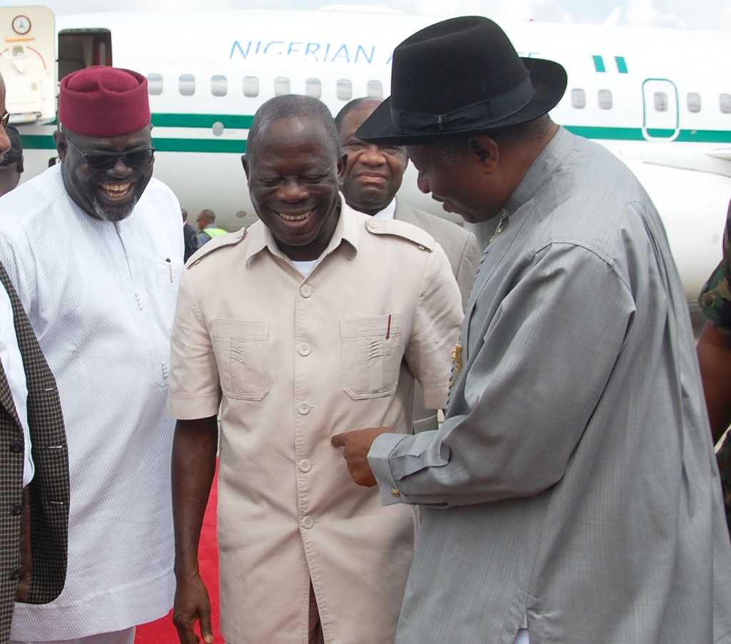  From right: President Goodluck Jonathan, Governor Adams Eric Oshiomhole and Mr Abdul Oroh, Edo State Commissioner for Agriculture on arrival of President Jonathan at the Benin Airport, for the groundbreaking ceremony of the $1 billion Azura-Edo Power Plant in Benin City, yesterday.