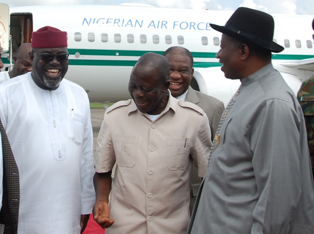  From right: President Goodluck Jonathan, Governor Adams Eric Oshiomhole and Mr Abdul Oroh, Edo State Commissioner for Agriculture on arrival of President Jonathan at the Benin Airport, for the groundbreaking ceremony of the $1 billion Azura-Edo Power Plant in Benin City, yesterday.