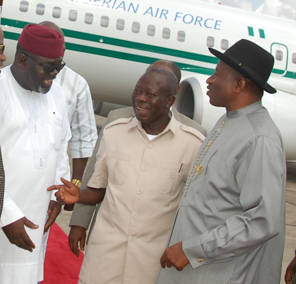  From right: President Goodluck Jonathan, Governor Adams Eric Oshiomhole and Mr Abdul Oroh, Edo State Commissioner for Agriculture on arrival of President Jonathan at the Benin Airport, for the groundbreaking ceremony of the $1 billion Azura-Edo Power Plant in Benin City, yesterday.