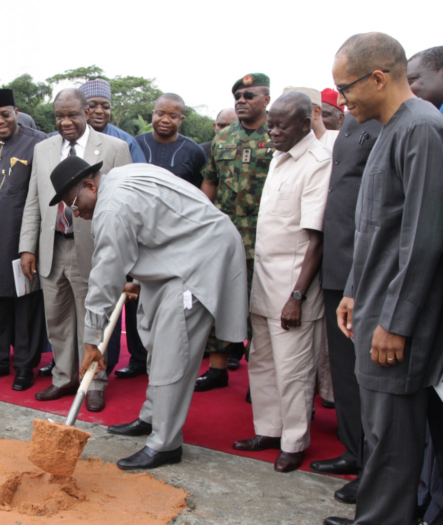 From left: President Goodluck Jonathan turns the sod of the $1 billion Azura-Edo Power Plant in Benin City flanked by Prof Chidi Nebo (left); Governor Adams Oshiomhole (right) and Dr. David Ladipo Group Managing Director, Azura Power during the groundbreaking ceremony of the $1 billion Azura-Edo Power Plant in Benin City, yesterday.