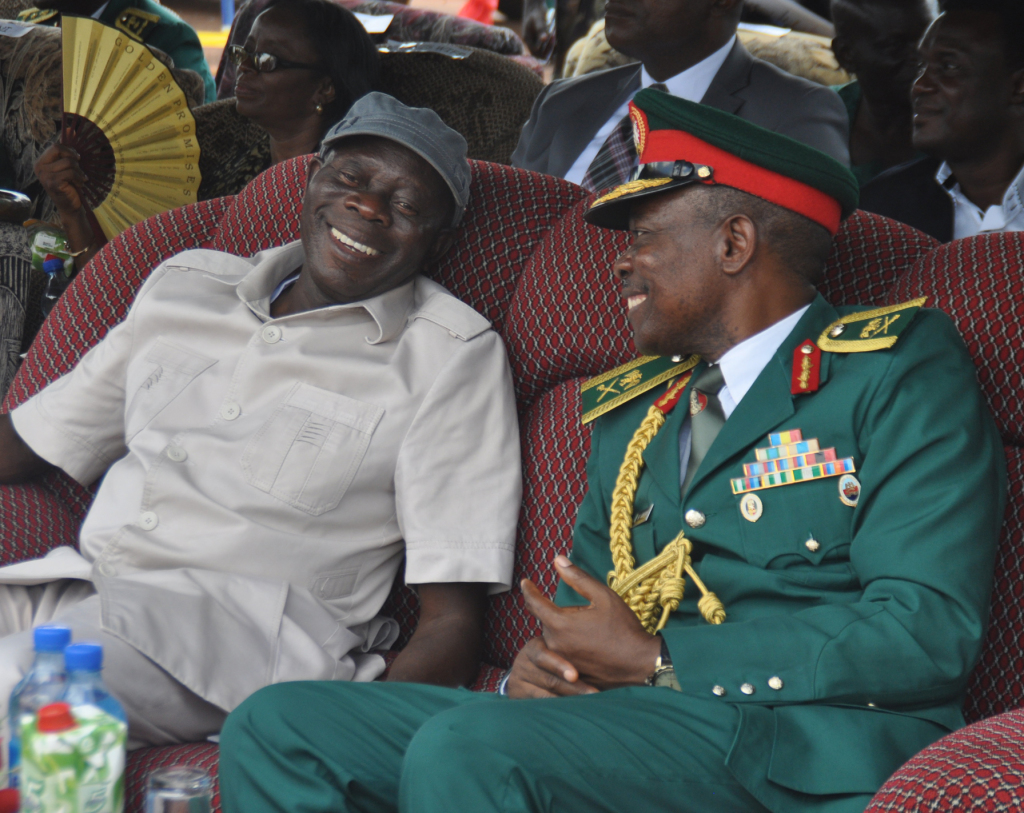 Governor Adams Oshiomhole of Edo State and Maj.-Gen S.U Labaran, Corps Commander, at the Farewell Parade and Pulling-Out Ceremony of 15 retired Generals of the Nigerian Army School of Electrical and Mechanical Engineering (NAEME) in Auchi, last weekend.