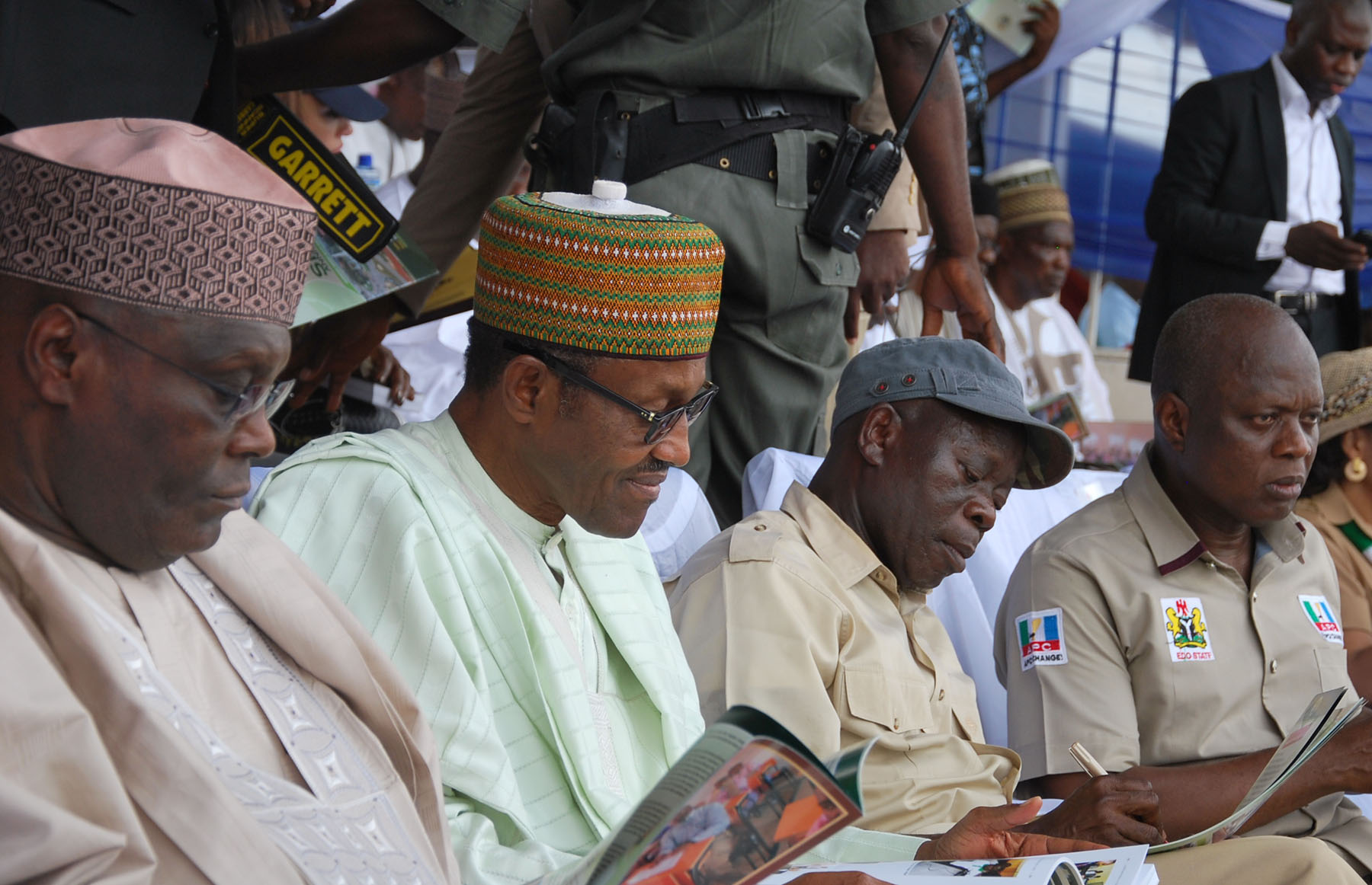 From left: Alhaji Atiku Abubakar, former Vice President, Maj.-Gen Mohammadu Buhari (rtd), former Head of State, Governor Adams Oshiomhole of Edo State and Dr Pius Odubu, Deputy Governor, Edo State at the celebration of the 6th Anniversary of the administration of Governor Adams Oshiomhole in Benin City, Edo State, Wednesday.