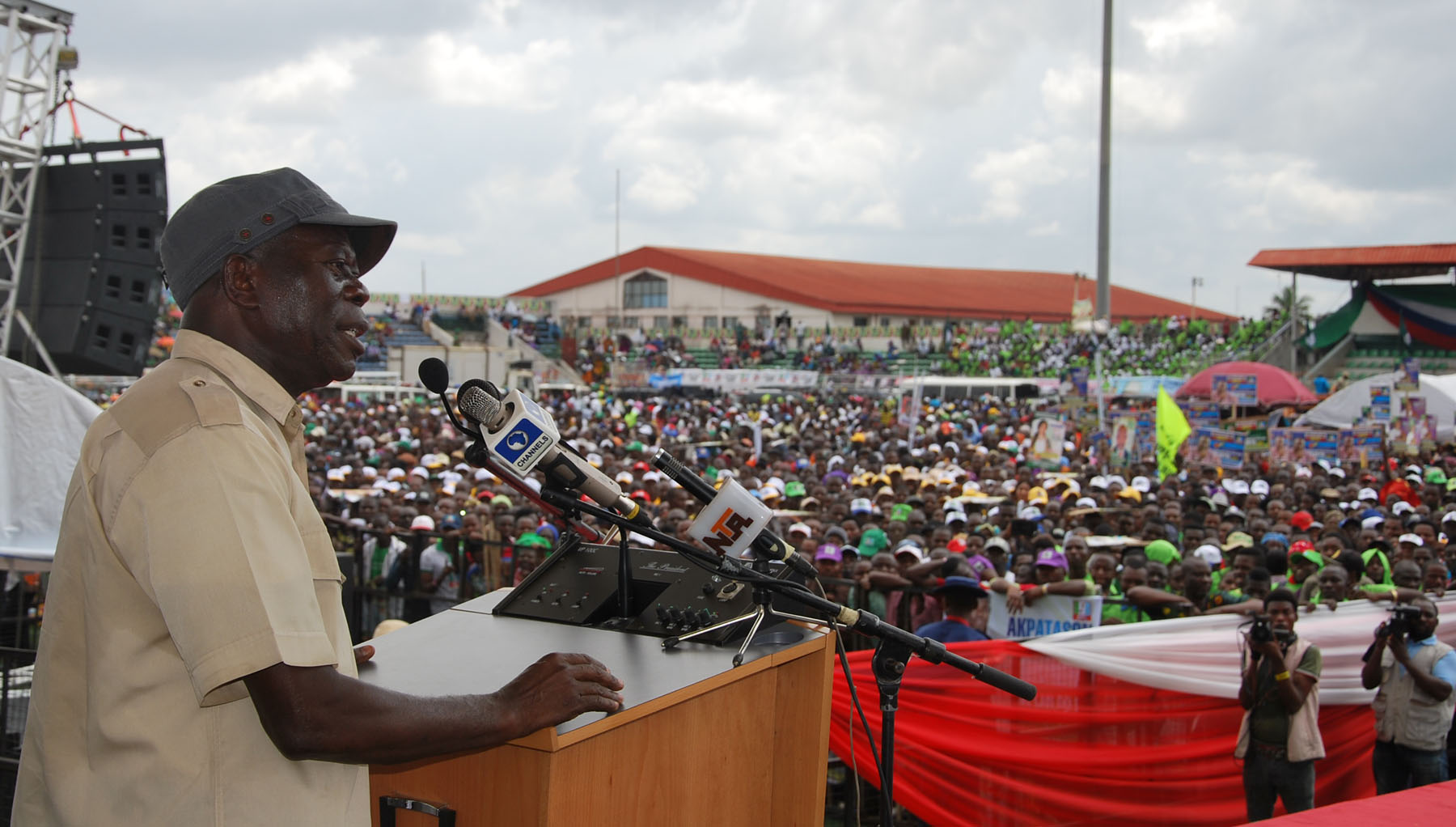 Governor Adams Oshiomhole addressses the crowd at the Samuel Ogbemudia Stadium during the celebration of the 6th Anniversary of the administration of Governor Adams Oshiomhole in Benin City, Edo State,Wednesday.
