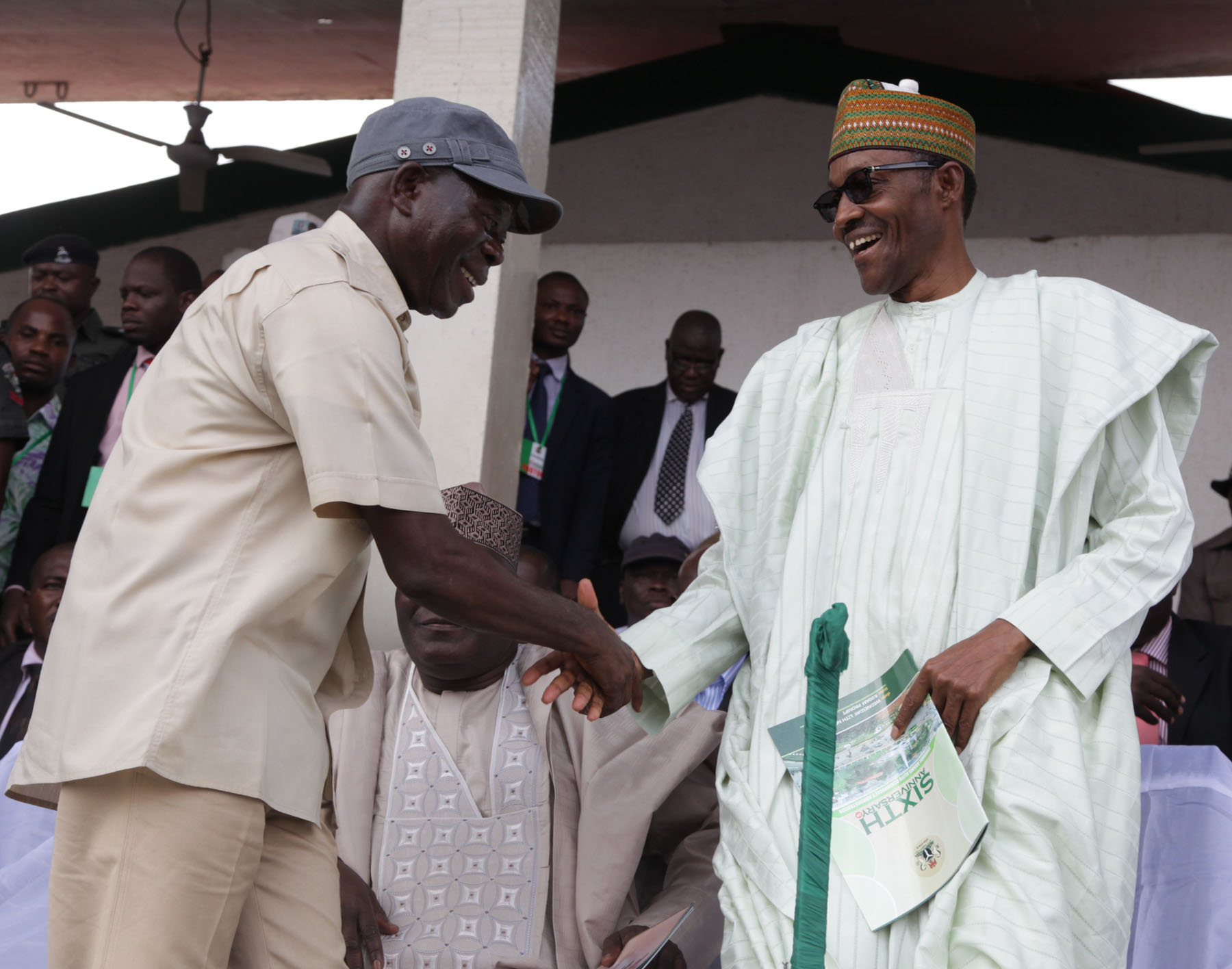 Governor Adams Oshiomhole of Edo State and Maj.-Gen Mohammadu Buhari (rtd), former Head of State, at the celebration of the 6th Anniversary of the administration of Governor Adams Oshiomhole in Benin City, Edo State, Wednesday