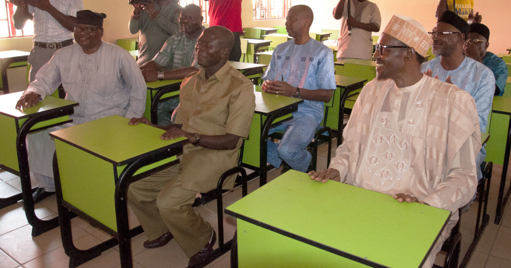 Governor Adams Oshiomhole (middle), Major Gen Mohammadu Buhari (right), Prince Tony Momoh (left) and others at the commissioning of the Imaguero College in Benin City, on Saturday.