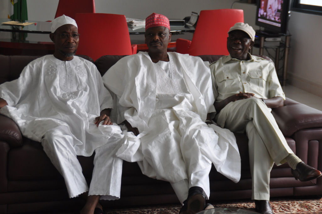 From left: Ogbeni Rauf Aregbesola, Governor State of Osun, Governor Rabiu Musa Kwankwaso of Kano State and Governor Adams Oshiomhole of Edo State during the visit of the Osun and Kano Governors to Oshiomhole in his office, on Friday