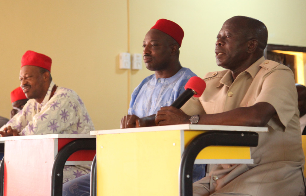 From left: HRH Victor Ehizojie II, Enojie of Ogwa; Hon Patrick Aguinede, Commissioner for Basic Education, Edo State and Governor Adams Oshiomhole at the commissioning of the rebuilt Ogwa Grammar School, on Monday.