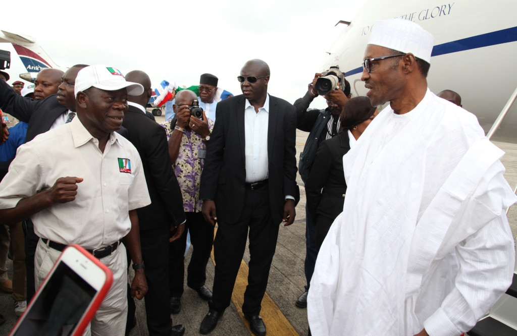 Governor Adams Oshiomhole and Major-General Muhammadu Buhari, Presidential candidate of the All Progressives Congress (APC) on arrival at the Benin Airport for the Presidential rally of the APC in Benin City, Thursday,
