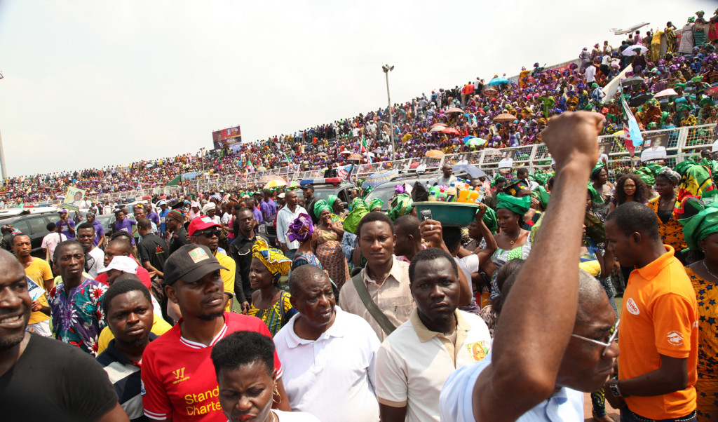 Large turn-out of APC supporters at the Samuel Ogbemudia stadium for the Presidential rallly of the All Progressives Congress, Thursday.