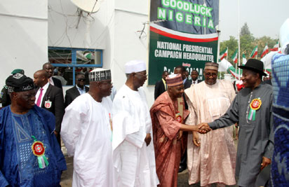 CAMPAIGN : President Goodluck Jonathan being received by Vice President Namadi Sambo, while the PDP National Chairman, Adamu Mu’azu (2r); Chief Tony Anenih (3l); Senator David Mark and Alhaji Ahmadu Ali (l) watch as the President arrived to inaugurate his campaign committee at the National Presidential Campaign Headquarters, Legacy House, Abuja, yesterday.