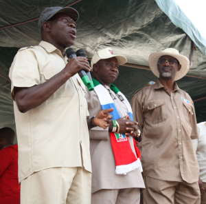 From left: Governor Adams Oshiomhole, Hon Samson Osagie, Majority Leader, House of Representatives and Mr. Anselm Ojezua, Chairman All Progressives Congress, Edo State at the mega rally of the APC in Edo South held at the Urhokpota Hall, Benin City, on Wednesday.