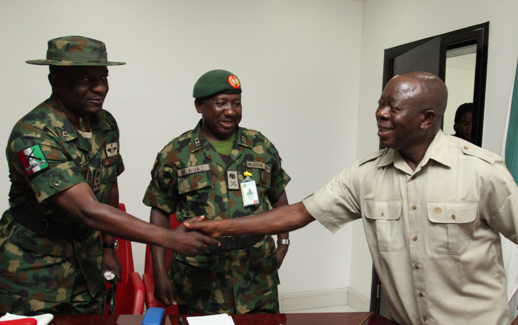 From left: Brig-Gen O Laleye, Commander 4 Brigade Benin; Maj-Gen Sanusi Nasir Muazu, General Officer Commanding 2 Division, Nigerian Army and Governor Adams Oshiomhole of Edo State during the visit of the GOC to the Governor in Benin City, Monday.
