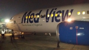 Med-View Jet on arrival at Murtala Mohammed Airport  2,  Ikeja  Lagos State.