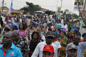 Supporters of the All Progressives Congress, led by Governor Adams Oshiomhole, at a road show in Benin City, Wednesday, to celebrate the victory of General Muhammadu Buhari of the APC in the Presidential election held on March 28.