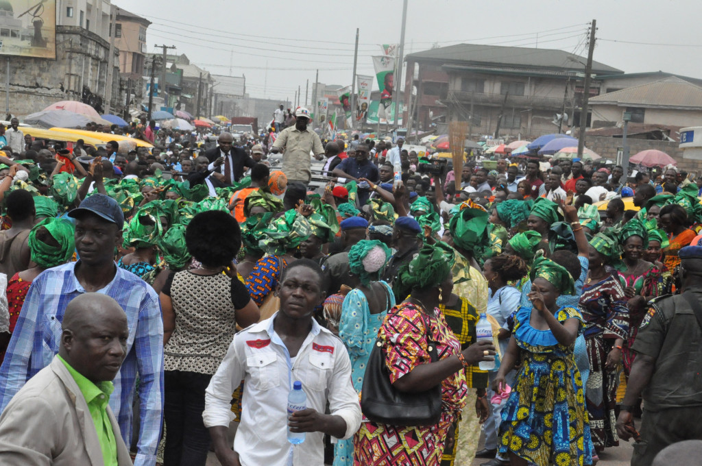 Governor Adams Oshiomhole on a 10-km road show round major streets of Benin City, Monday, to thank the people of Edo State on the victory of the All Progressives Congress (APC) in the House of Assembly election held in the state, last Saturday.