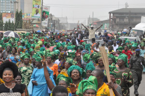 Governor Adams Oshiomhole on a 10-km road show round major streets of Benin City, Monday, to thank the people of Edo State on the victory of the All Progressives Congress (APC) in the House of Assembly election held in the state, last Saturday.