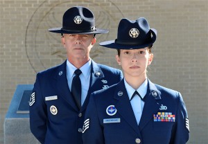 Tech. Sgt. James MacKay and his daughter, Staff Sgt. Amanda MacFarlane, 433rd Training Squadron military training instructors, pose for a photo on March 27, 2015, at Joint Base San Antonio-Lackland, Texas. U.S. Air Force photo by Benjamin Faske