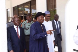 President Goodluck Jonathan shows President-elect, Muhammadu Buhari round the Presidential chambers after hand-over note presentation