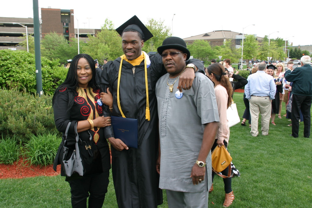 Nicholas Flawa (center) with proud mom and dad, Mr.  Patrick and Mrs. Stella Flawa after his graduation from the University of  Massachusetts, Lowell.