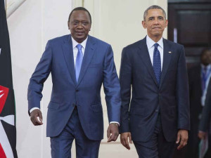  President Obama arrives with Kenyan President Uhuru Kenyatta for a bilateral meeting in Nairobi, Kenya.