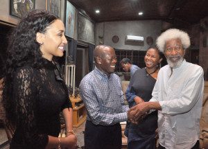 From left: Mrs Iara Oshiomhole, Governor Adams Oshiomhole, Mrs Folake Soyinka and Professor Wole Soyinka during the hosting of Governor Oshiomhole and his wife, by the Soyinkas in their Abeokuta home, yesterday.