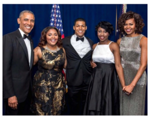 President Obama, first from left, the three scholarship  award recipients and  first Lady, Mrs. Michelle Obama.