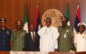 FROM LEFT: CHIEF OF THE AIR STAFF, AIR-MARSHAL SADIQUE ABUBARKAR;  CHIEF OF DEFENCE  STAFF,  GEN. ABAYOMI GABRIEL OLONISAKIN;  VICE PRESIDENT YEMI OSINBAJO; PRESIDENT MUHAMMADU BUHARI; CHIEF OF ARMY STAFF, LT-GEN. TUKUR  BURATAI AND  CHIEF OF NAVAL  STAFF, VICE-ADMIRAL IBOK ETE  EKWE  IBAS, AT THE DECORATION OF SERVICE CHIEFS AT THE PRESIDENTIAL VILLA IN ABUJA ON THURSDAY (13/8/15).