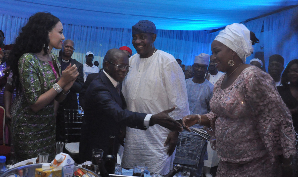 From left: Mrs Iara Oshiomhole, Governor Adams Oshiomhole, Mr Solomon Arase, Inspector-General of Police and his wife at a reception organised by the Edo State Government for the Police I-G, on Friday.