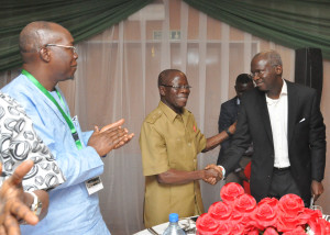 From left: Professor Julius Ihonvbere, Secretary to State Government (SSG), Edo State; Governor Adams Oshiomhole and Mr Babatunde Fashola, former Governor of Lagos State at a 3-day retreat for members of Edo State Executive Council and Permanent Secretaries holding at the Transcorp Hilton Hotel, with theme, “Finishing Well”, in Abuja, Monday