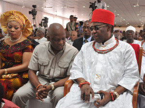  From right: HRH Eheneden Erediauwa, Edaiken N'Uselu, Crown Prince of Benin Kingdom, Dr Pius Odubu, Deputy Governor of Edo State and his wife, Deaconess Endurance Odubu at the ceremony to mark the 7th Anniversary of the administration of Governor Adams Oshiomhole of Edo State, in Benin City, Thursday.