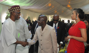  From left: Chief John Odigie-Oyegun, National Chairman, All Progressives Congress (APC) Governor Adams Oshiomhole and his wife Iara Oshiomhole at the ceremony to mark the 7th Anniversary of the administration of Governor Adams Oshiomhole of Edo State, in Benin City, Thursday.