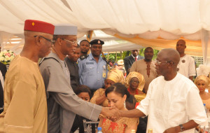 Chief John Odigie-Oyegun, National Chairman, All Progressives Congress (APC), Professor Oserheimen Osunbor, former Governor of Edo State and Governor Adams Oshiomhole at the traditional wedding of Flying Officer Umaso Eketu and Eniye Oyegun, daughter of the APC National Chairman in Benin City, on Saturday.