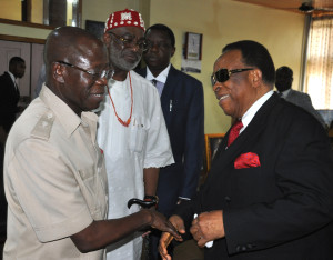 From left: Comrade Adams Oshiomhole, Guest Lecturer, Senator Ben Obi and Dr. Emma Egbogah, Chairman of the occasion at the 4th Zik Lecture Series at the Nnamdi Azikiwe University, Awka, on Monday.