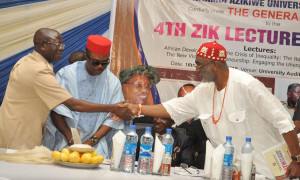 From left: Governor Adams Oshiomhole of Edo State, Guest Lecturer, Governor Willie Obiano of Anambra State and Senator Ben Obi at the 4th Zik Lecture Series at the Nnamdi Azikiwe University, Awka, on Monday
