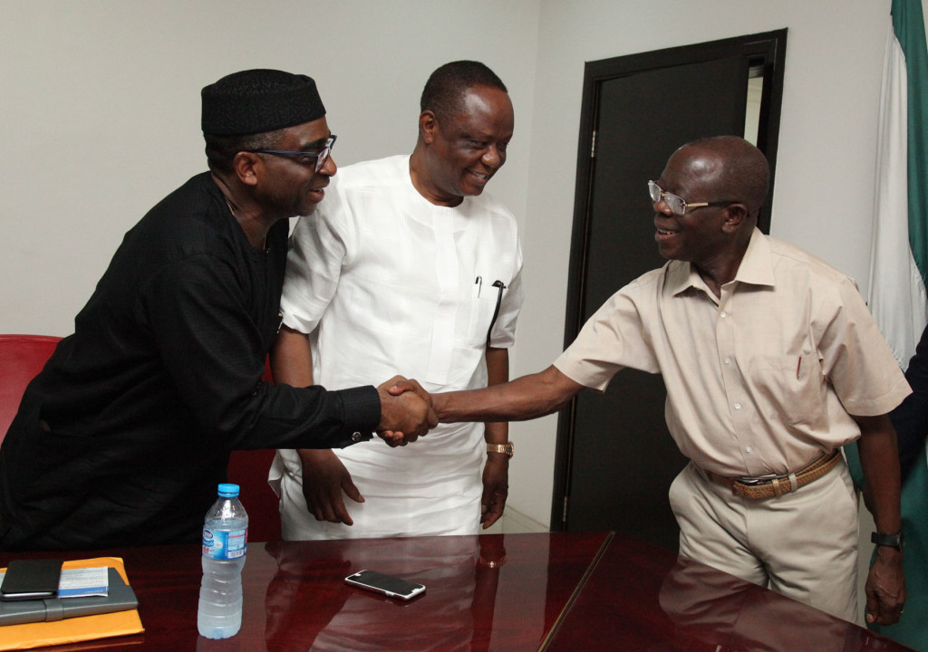 From left: Mr. Segun Awolowo, Chief Executive Officer, Nigerian Export Promotion Council; Capt Hosa Okunbo, Chairman, Wells Sam Carlos Farm and Governor Adams Oshiomhole at the presentation of the Agro business plan of Wells Sam Carlos Farm to the Governor on Tuesday. 