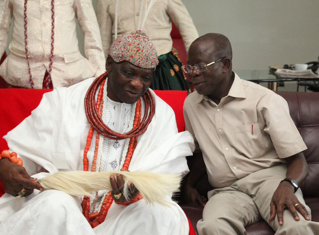 Governor Adams Oshiomhole of Edo State and the Olu of Warri, His Majesty, Ogiame Ikenwoli I during the visit of the Olu of Warri to Governor Oshiomhole in Benin City, yesterday. 