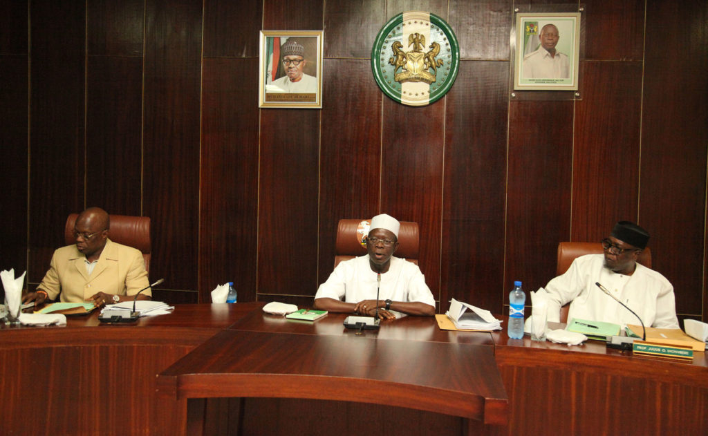 Governor Adams Oshiomhole (middle) flanked by the Deputy Governor, Dr Pius Odubu (left) and Secretary to State Government, Prof Julius Ihonvbere at the State Executive Council meeting, Tuesday, where the Governor announced a 5-day mourning period for the Oba of Benin, Oba Erediauwa, whose transition to immortality was announced last week.