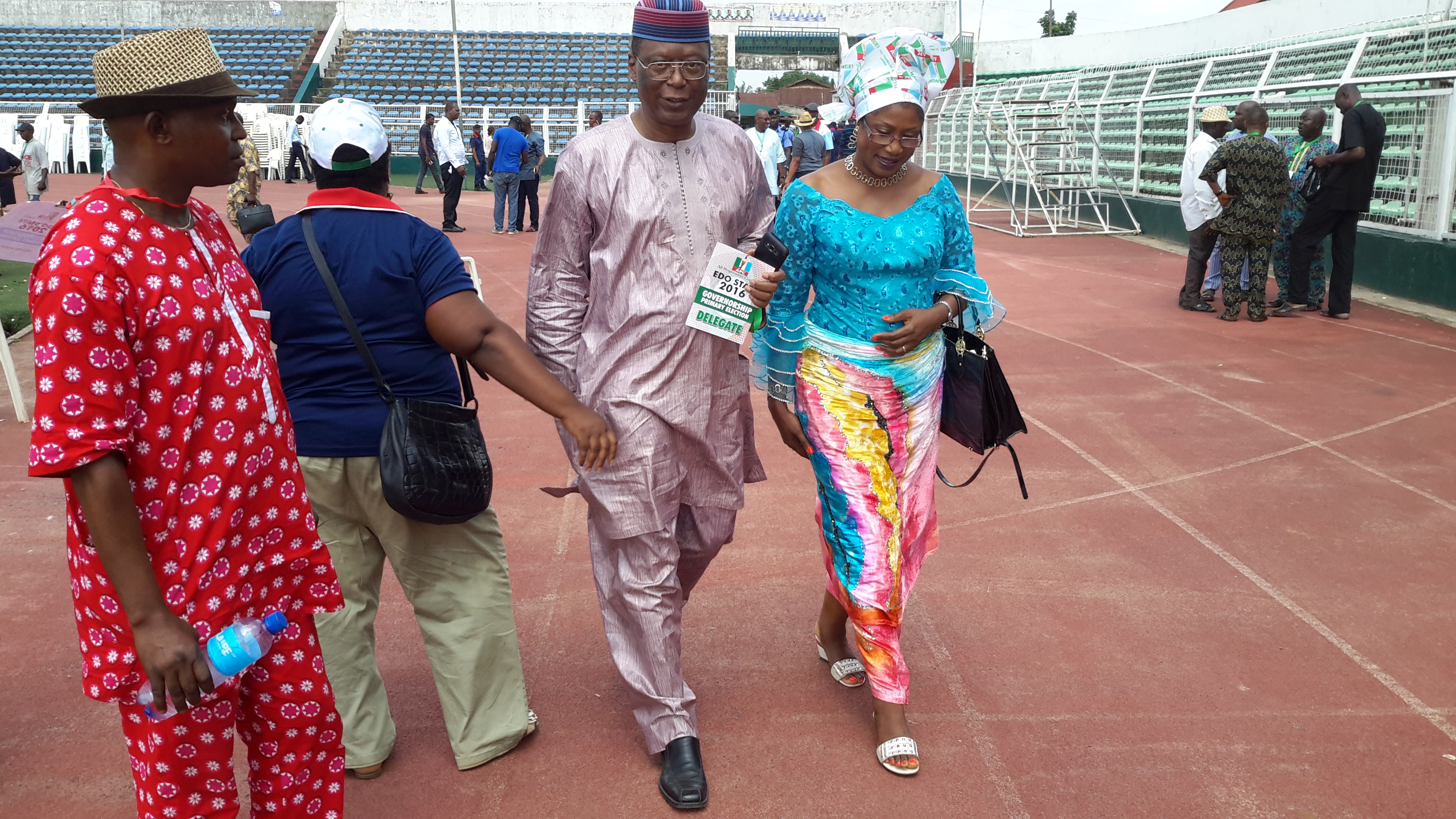 Former Edo State Governor, Professor Osahiemen Osunbor, arriving the Samuel Ogbemudia Stadium venue of Edo APC governorship primary in Benin City.Photo by Oladipo Airenakho.