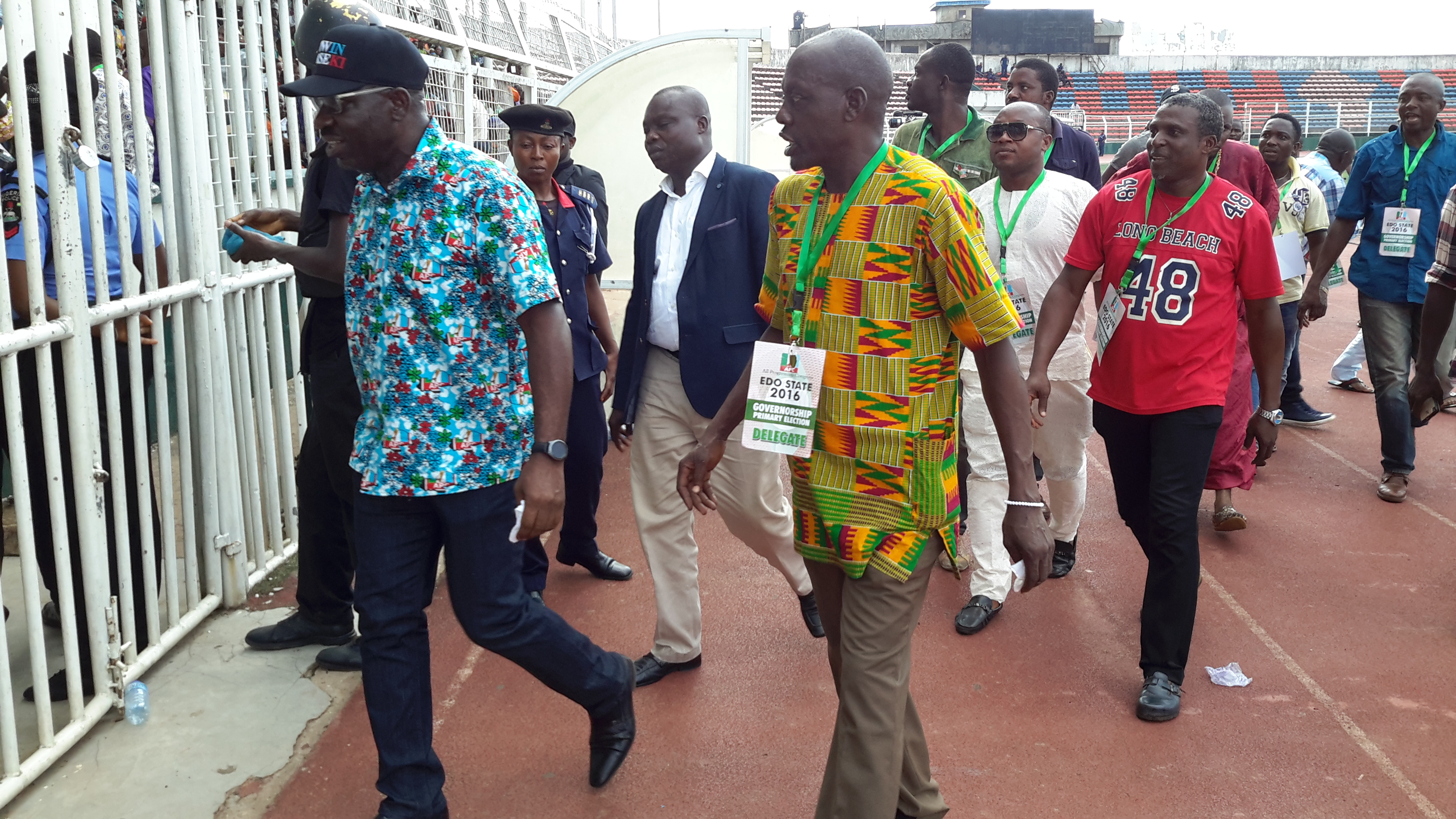 APC governorship aspirant, Mr.Godwin Obaseki,arriving Samuel Ogbemudia Stadium venue of the party's governorship primary election. Photo by Oladipo Airenakho.