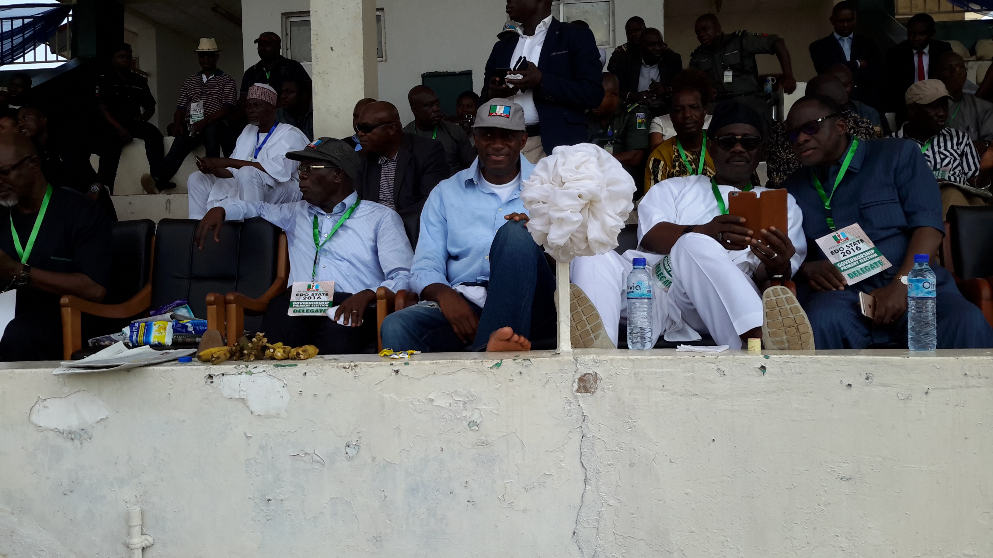 Edo State Governor Adams Oshiomhole at the State Stand of the Samuel Ogbemudia Stadium waiting for the commencement of Edo APC governorship primary election. Photo by Oladipo Airenakho.