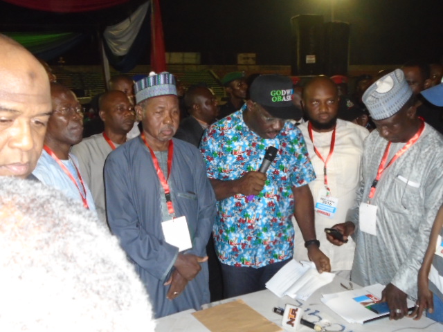 Mr.Godwin Obaseki accepting and making a victory speech with the Chairman of the organizing committee of the Edo APC primary election, Governor Masari of Katsina,at his side looking on. Photos by Oladipo Airenakho