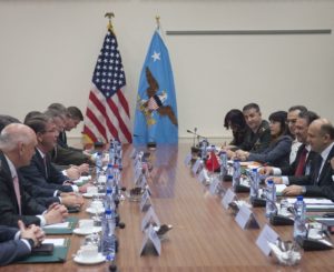 Defense Secretary Ash Carter meets with Turkish Defense Minister Fikri Isik, second from right, to discuss security issues and the U.S.-Turkey friendship in Brussels, June 14, 2016. Defense Secretary Ash Carter called Turkish Defense Minister Fikri Isik June 29 to express his deep condolences following yesterday's heinous terrorist attack at Istanbul Ataturk Airport, Deputy Press Secretary Gordon Trowbridge said in a readout of the call. DoD photo by Air Force Senior Master Sgt. Adrian Cadiz 